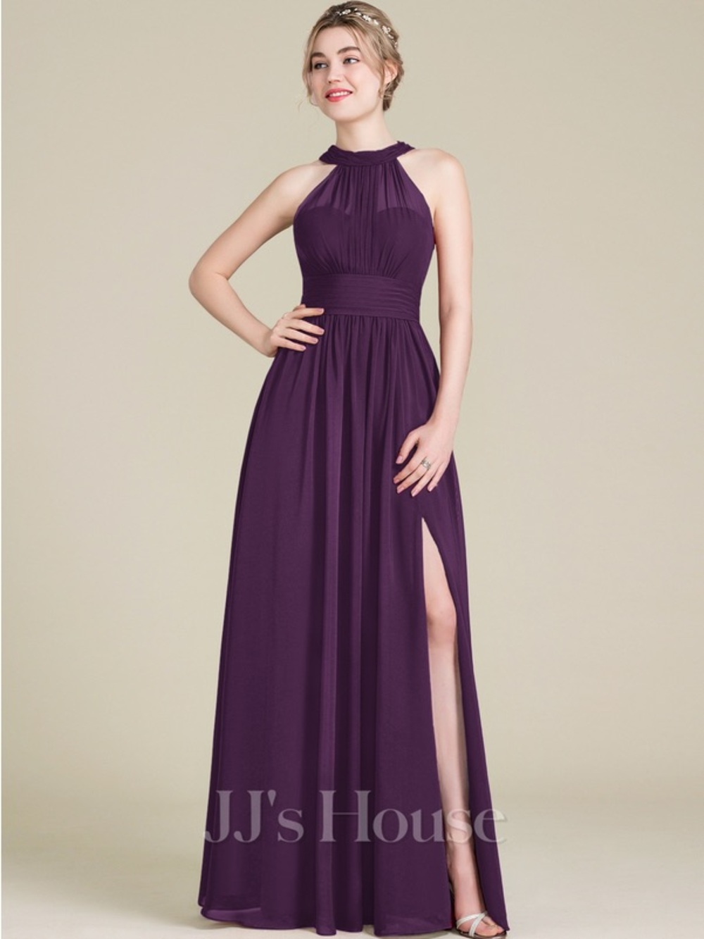 JJs House Deep Plum Halter Chiffon Maxi Dress - prom or wedding ready